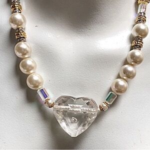 Crystal Heart Pearl Necklace - White
